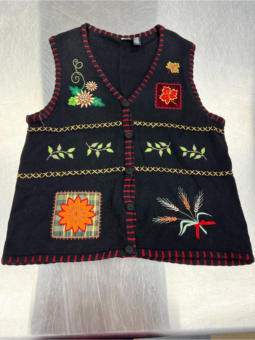 Holiday Editions Black Knit Vest with Fall Embroidery & Beads Women’s XL